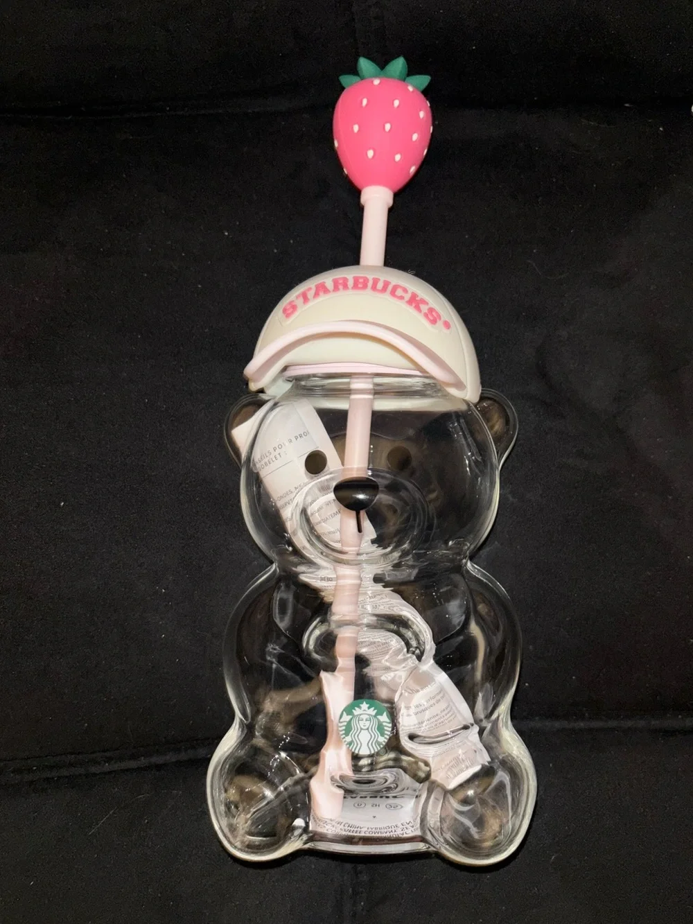 Starbucks Pink Bearista Clear Bear Tumbler with Pink Lid and Strawberry Topper